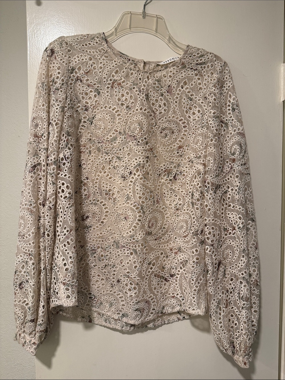 Veronica Beard Cream Eyelet Lace Long-Sleeve Blouse